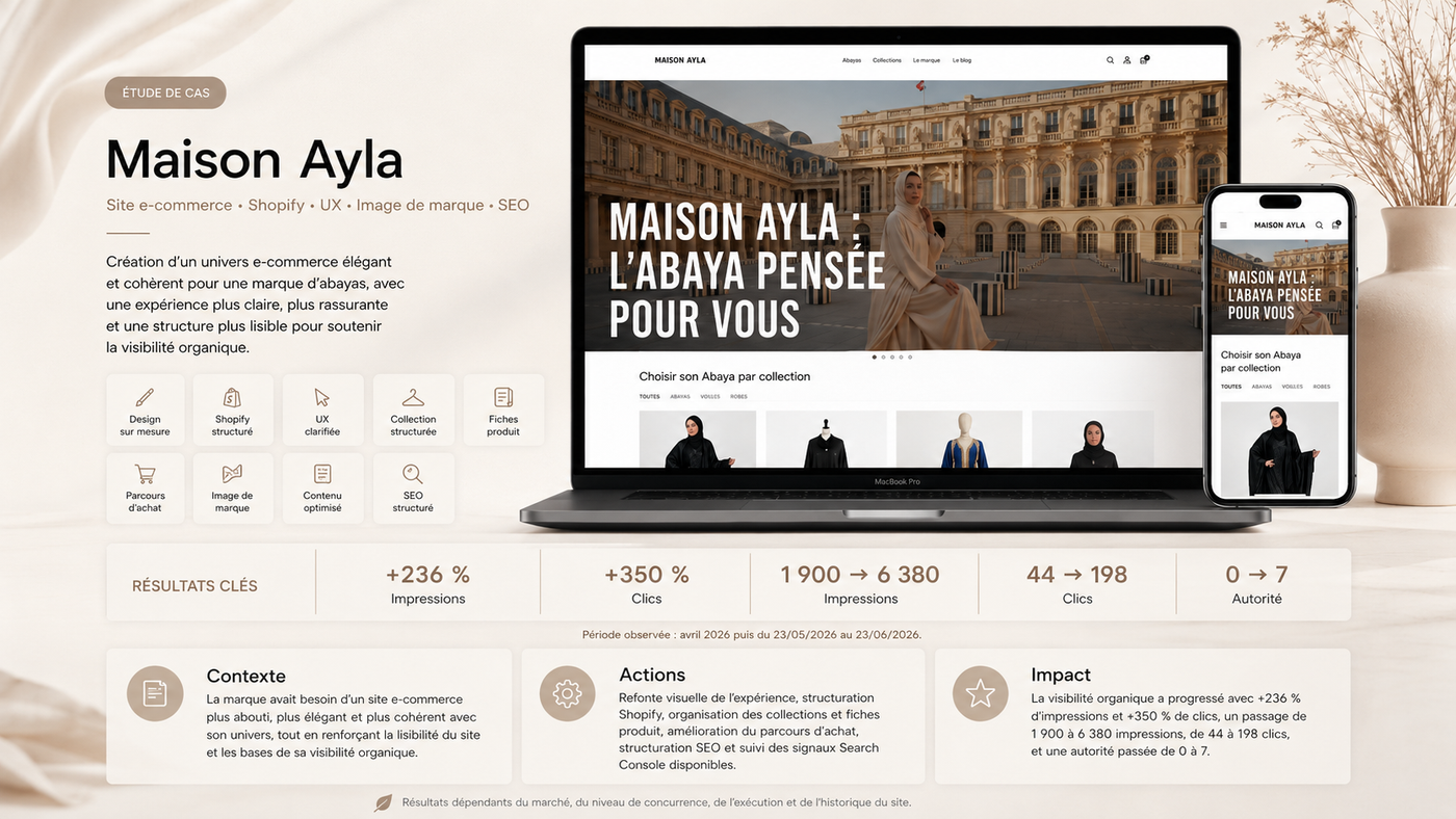 Page d'accueil de la boutique Shopify Maison Ayla, développée par Clickscreation