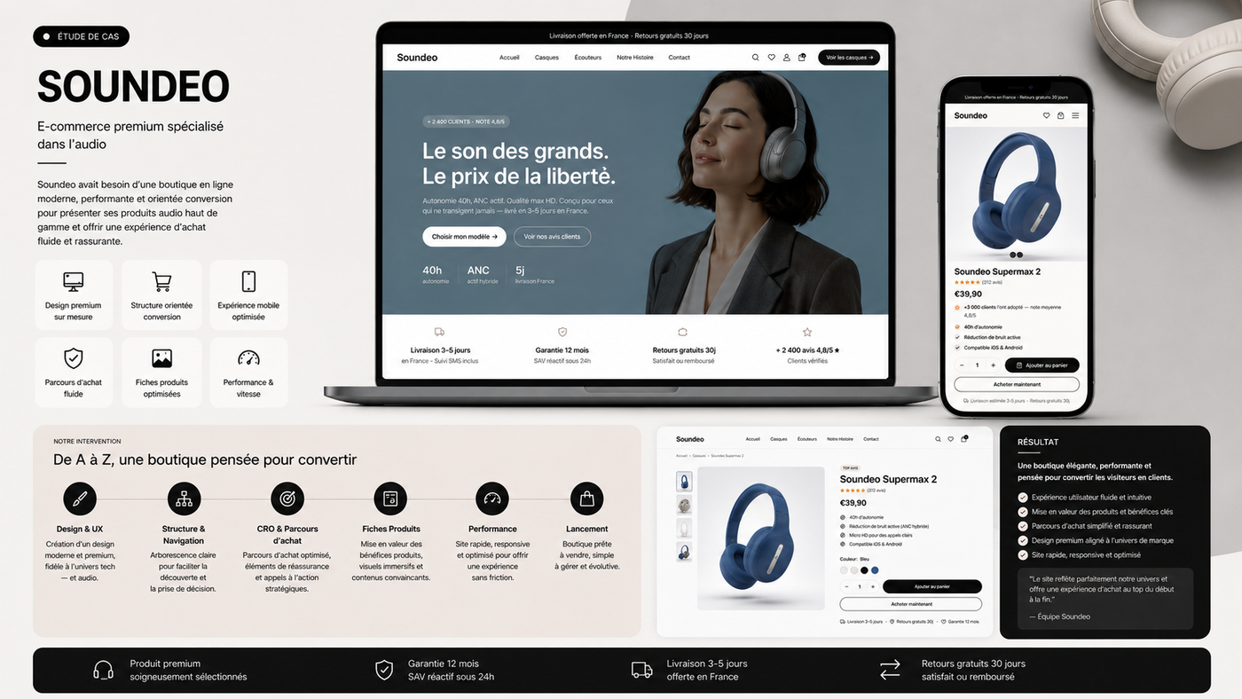 Boutique Shopify Soundeo, développée par Clickscreation