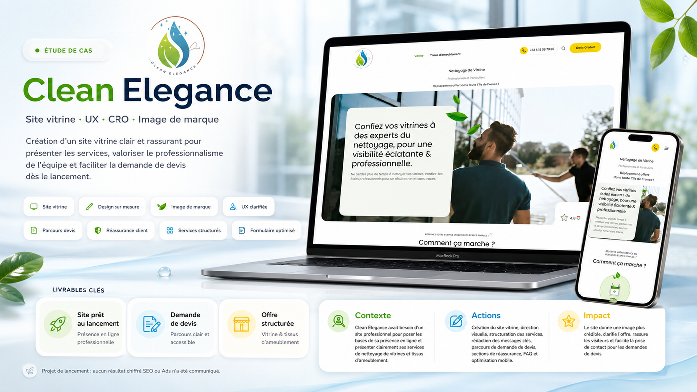 Site vitrine Clean Élégance, développé par Clickscreation