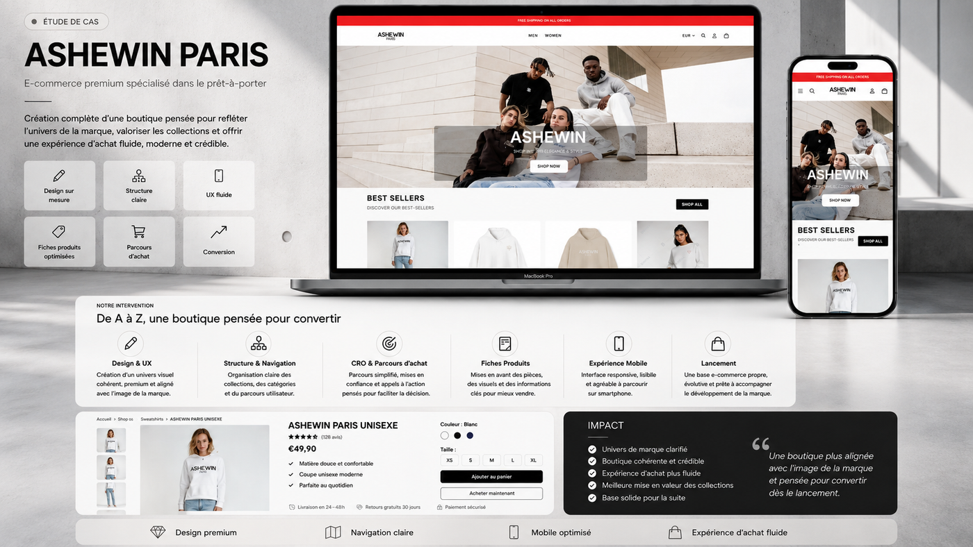 Boutique Shopify Ashewin Paris, développée par Clickscreation